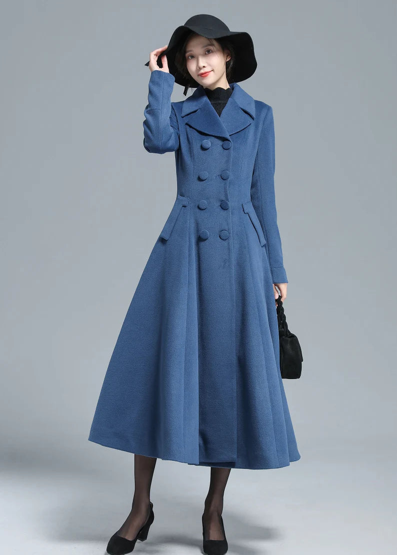 Vintage inspired Long wool coat, Winter coat women, Wool coat women, fit and flare coat, Double breasted Wedding wool coat, Xiaolizi 2412#